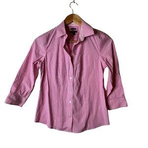 Talbots women top button up sz 0P petite pink white 3/4 sleeves business career